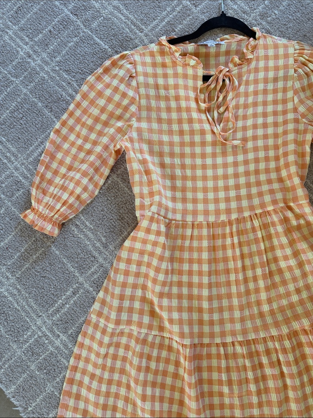 Tie-Neck Gingham Dress in Yellow and Orange